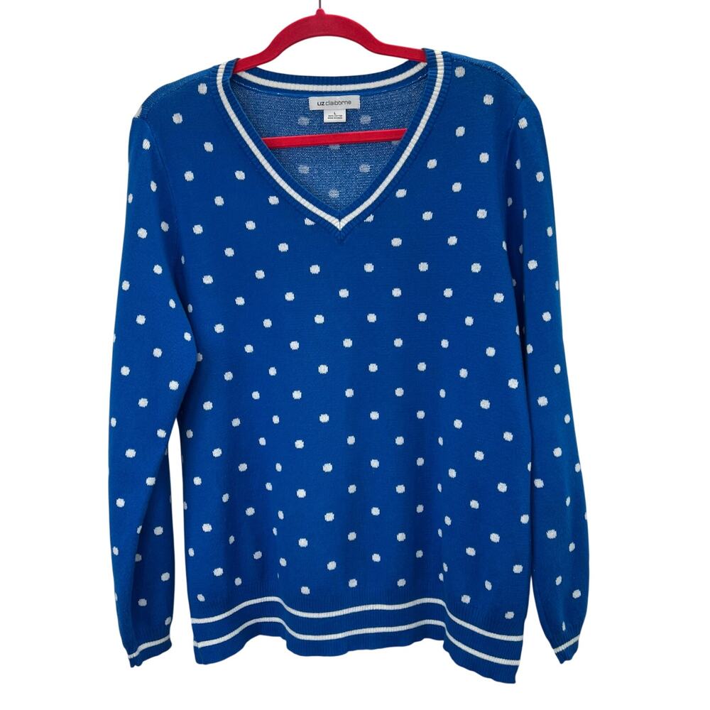Liz Claiborne Sweater L Blue White Polka Dot V Neck Long Sleeve Pullover Cotton